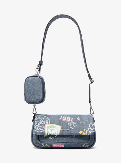 Michael Kors Jet Set Travel Small Embellished Denim Crossbody Bag With Pouch In Blue