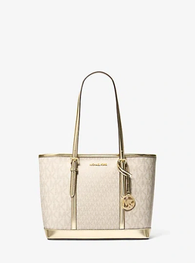 Michael Kors Jet Set Travel Small Metallic Logo Top-zip Tote Bag In Gold