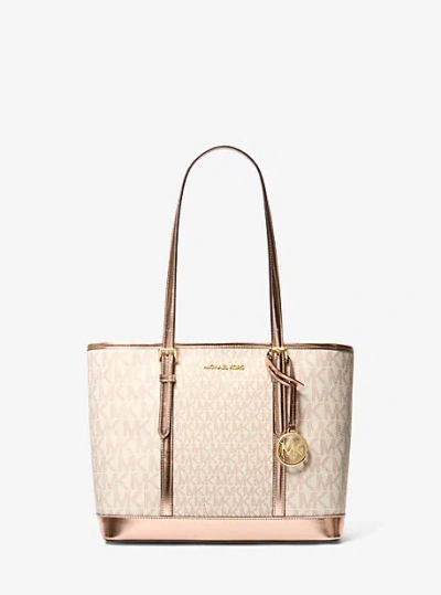 Michael Kors Jet Set Travel Small Metallic Logo Top-zip Tote Bag In Rose Gold