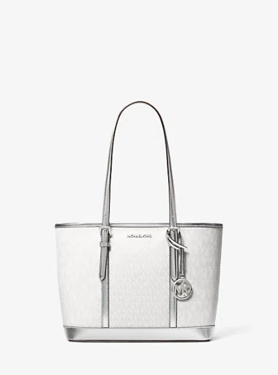 Michael Kors Jet Set Travel Small Metallic Logo Top-zip Tote Bag In Silver
