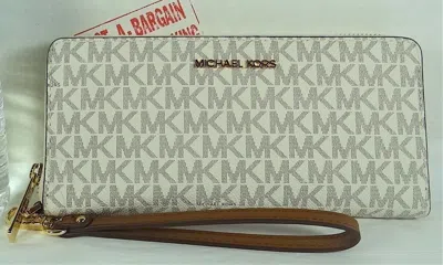 Michael Kors Jet Set Travel Vanilla Signature Pvc Continental Wallet Wristlet In Mk Vanilla/gold