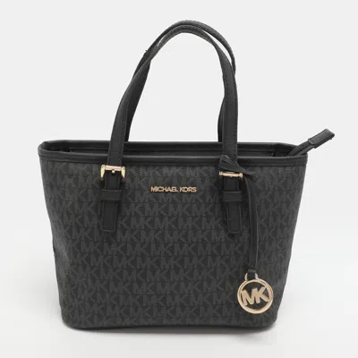 Pre-owned Michael Kors Jet Set Travel Xs Black Signature Coated Canvas Tote
