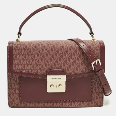 Pre-owned Michael Kors Johara Medium Burgundy Signature Coated Canvas Top Handle Bag