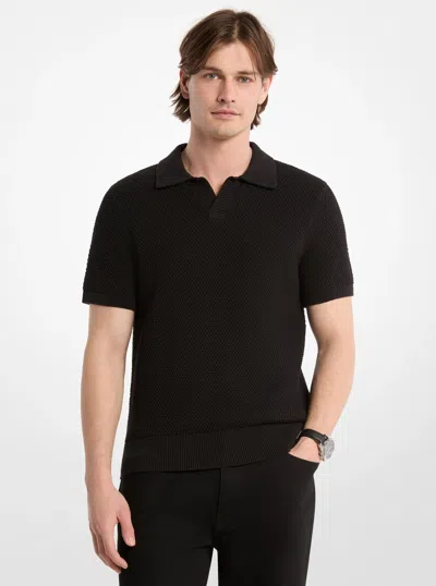Michael Kors Johnny Textured Knit Cotton Polo Shirt In Black