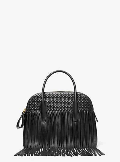 Michael Kors Kaitlin Large Fringed Woven Leather Dome Satchel In Black