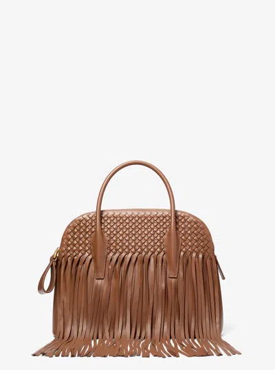 Michael Kors Kaitlin Large Fringed Woven Leather Dome Satchel In Brown
