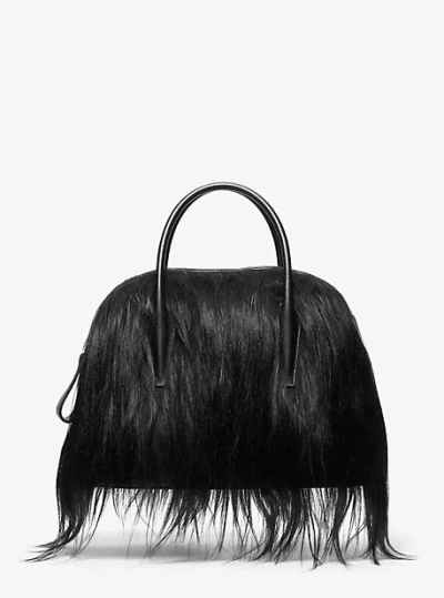 Michael Kors Kaitlin Large Long Haired Shearling Dome Satchel In Black