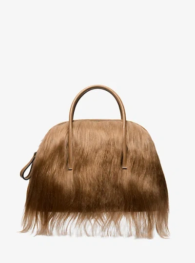 Michael Kors Kaitlin Large Long Haired Shearling Dome Satchel In Brown