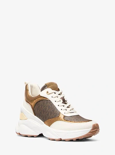 Michael Kors Katrina Signature Logo And Metallic Lizard Embossed Trainer In Brown