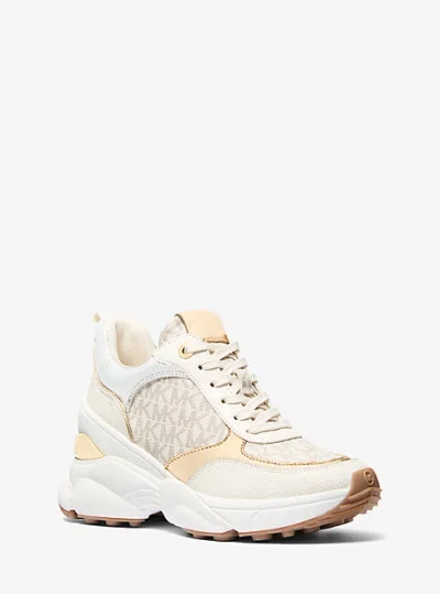 Michael Kors Katrina Signature Logo And Metallic Lizard Embossed Trainer In Natural