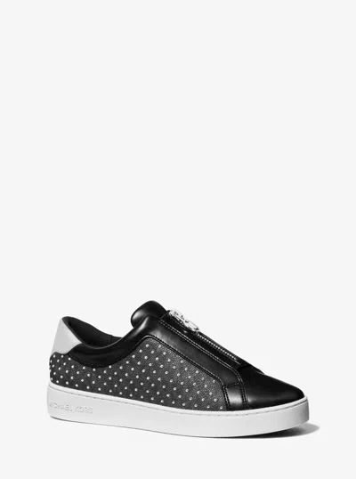 Michael Kors Keaton Embellished Signature Logo Zip-up Trainer In Black