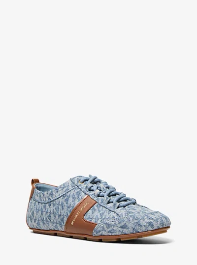 Michael Kors Keely Signature Logo Print Denim And Leather Trainer In Blue