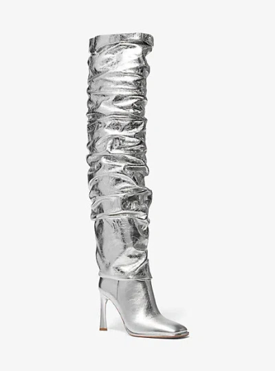 Michael Kors Kelsea Crackled Metallic Leather Slouchy Boot In Silver