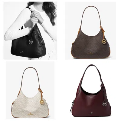 Michael Kors Kelsey Pebbled Leather Mk Signature Large Shoulder Bag Purse In Black Leather/gold