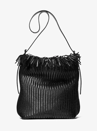 Michael Kors Kiera Hand-woven Leather Hobo Bag In Black