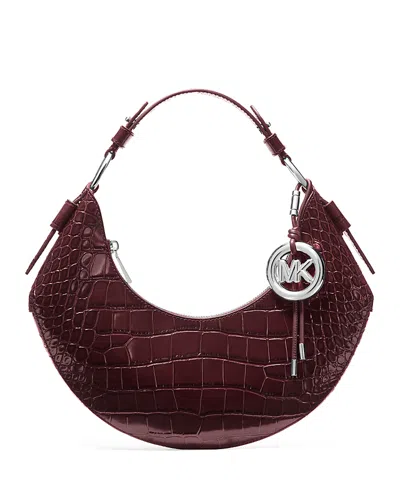 Michael Kors Koa Croc Embossed Leather Shoulder Bag In Burgundy