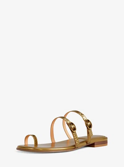 Michael Kors Kya Metallic Snake Embossed Leather Flat Sandal In Silver