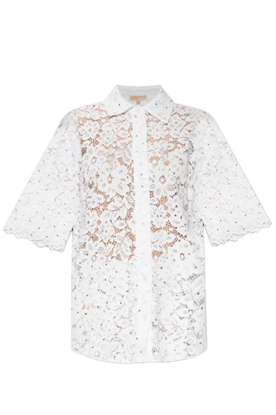 Michael Kors Lace-detail Short Sleeve Button-down Shirt In White
