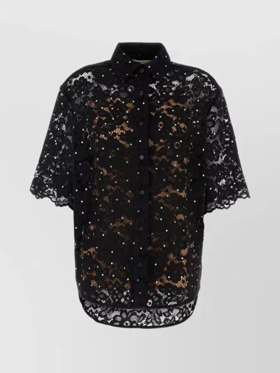 Michael Kors Lace Fabric Sheer Short Sleeves Shirt In Black
