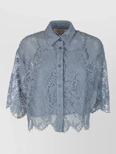 Michael Kors Lace Shirt Short Sleeves Collar Scalloped Hem In Blue