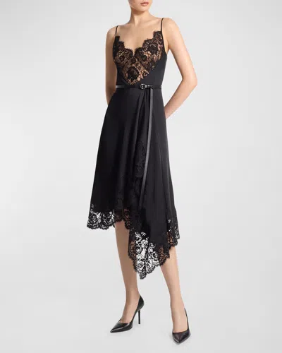 Michael Kors Lace-trim Handkerchief Slip Dress In Black