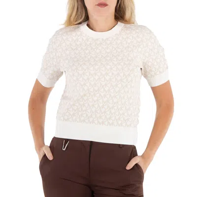 Michael Kors Ladies Bone Logo Jacquard Short-sleeve Sweater In White