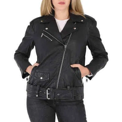 Pre-owned Michael Kors Ladies Crinkled Leather Moto Jacket In Black, Size Small