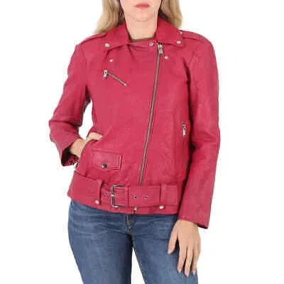 Pre-owned Michael Kors Ladies Crinkled Leather Moto Jacket In Purple