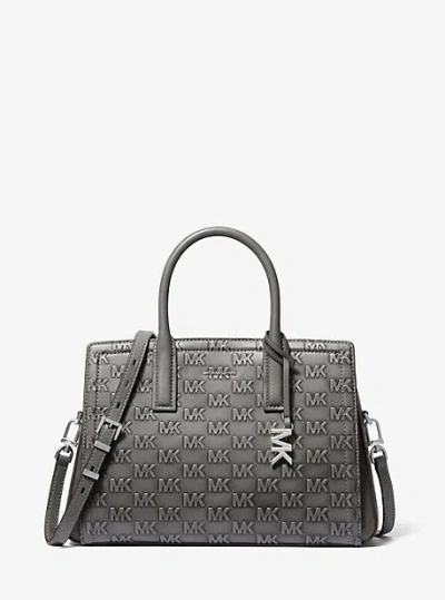 Michael Kors Laila Medium Logo Embossed Burnished Leather Satchel In Gray