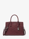 Michael Kors Laila Medium Logo Embossed Burnished Leather Satchel In Red