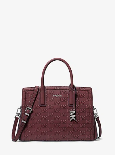 Michael Kors Laila Medium Logo Embossed Burnished Leather Satchel In Red