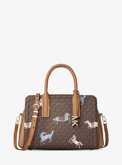 Michael Kors Laila Medium Signature Logo Satchel In Brown