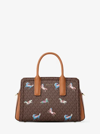 Michael Kors Laila Medium Signature Logo Satchel In Brown
