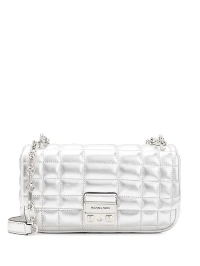 Michael Kors Large Tribeca Leather Shoulder Bag In Silver