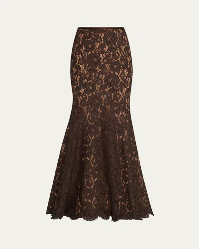 Michael Kors Large Floral Lace Long Fishtail Skirt In Brown