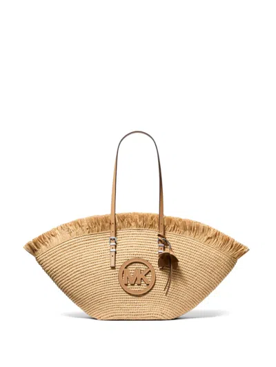 Michael Kors Isa Large Crochet Straw Fan Tote Bag In Neutral