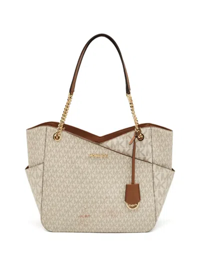Pre-owned Michael Kors Large Jet Set Travel Chain Canvas Tote Bag In White
