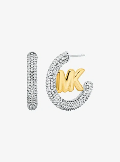 Michael Kors Large Pavé Logo Charm Two-tone Hoop Earrings In Silver