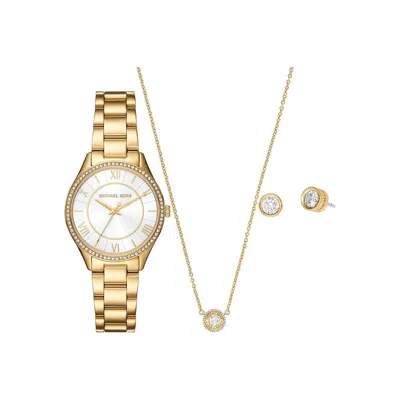 Michael Kors Lauryn Gold-tone Ladies Watch Earrings And Necklace Gift Set