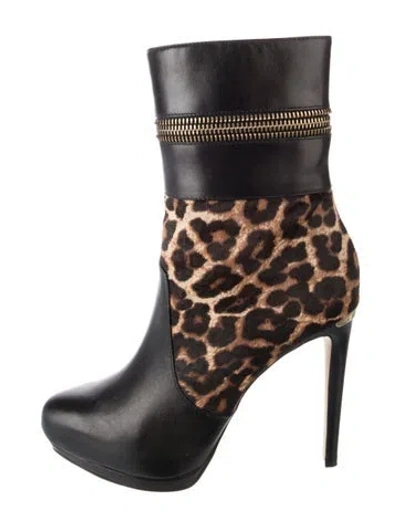 Pre-owned Michael Kors Leather Animal Print Boots In Black