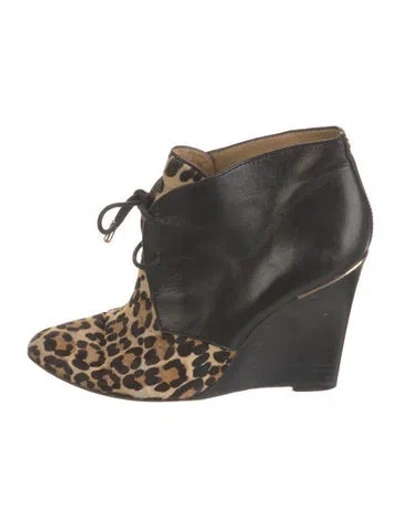 Pre-owned Michael Kors Leather Animal Print Lace-up Boots In Black