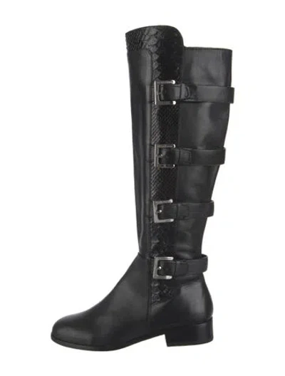 Pre-owned Michael Kors Leather Animal Print Riding Boots In Black