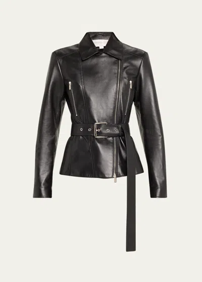 Michael Kors Leather Belted Moto Jacket In Black