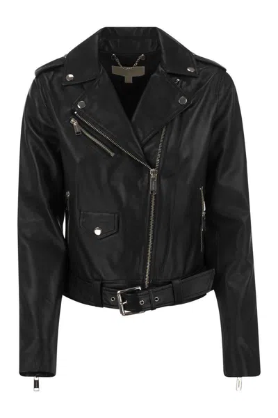Michael Kors Crinkled Leather Moto Jacket In Black
