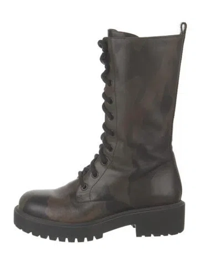 Pre-owned Michael Kors Leather Camouflage Print Combat Boots In Green