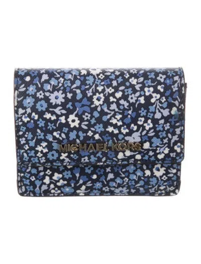 Pre-owned Michael Kors Leather Floral Print Compact Wallet In Blue
