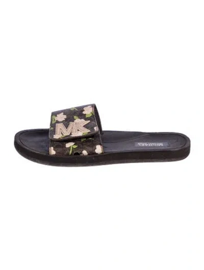 Pre-owned Michael Kors Leather Floral Print Slides In Brown