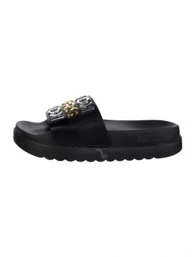 Pre-owned Michael Kors Leather Graphic Print Slides In Black