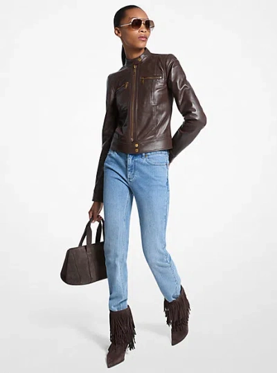 Michael Kors Leather Jacket In Brown
