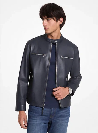 Michael Kors Leather Moto Jacket In Blue